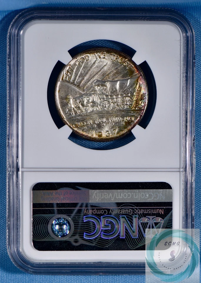 1937-D Oregon Trail 50c NGC MS67+ CAC Endorsed - Spectacular Classic Toner - Image 2 of 4