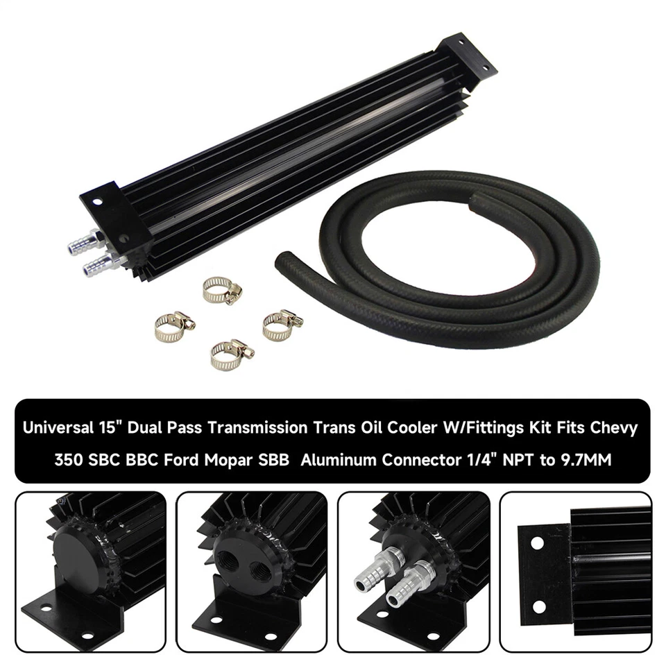 Kit de enfriador de aceite universal de transmisión con aletas de doble paso de aluminio de 15"" negro Foto 4 de 4