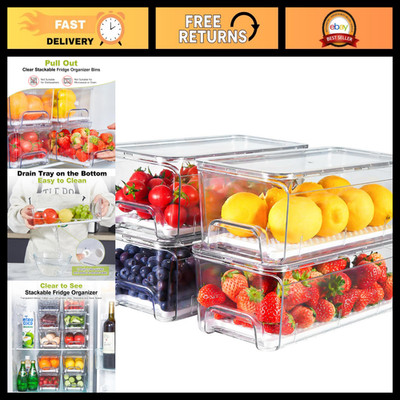 4-Pack Clear Stackable Fridge Organizer Bins with Strainer Layer for Food & Drin