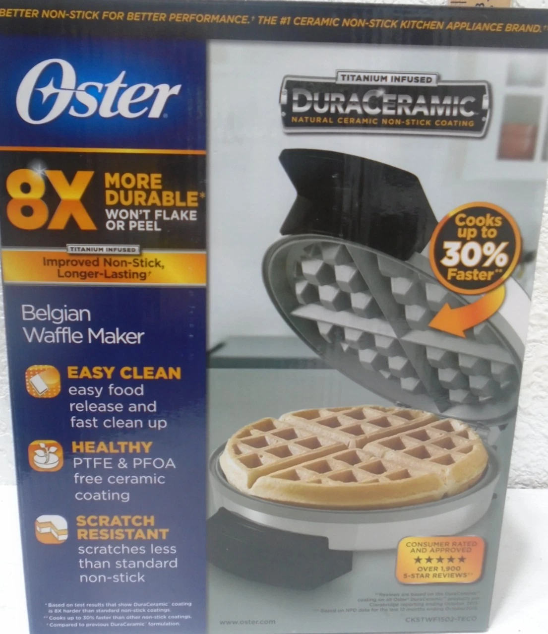 Oster 8" Belgian Waffle Maker with Temperature Control Non-Stick Silver New