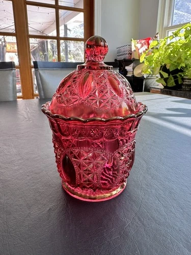 Vintage Indiana Glass Depression Glass Ruby Red Irridescent Lidded Candy Dish