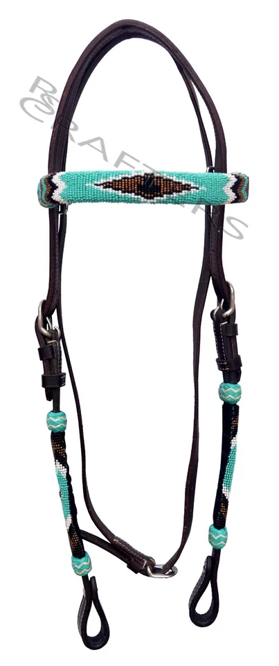 Couro Western Headstall Bridle Browband contas coloridas trançadas à mão couro cru - Imagem 2 de 4