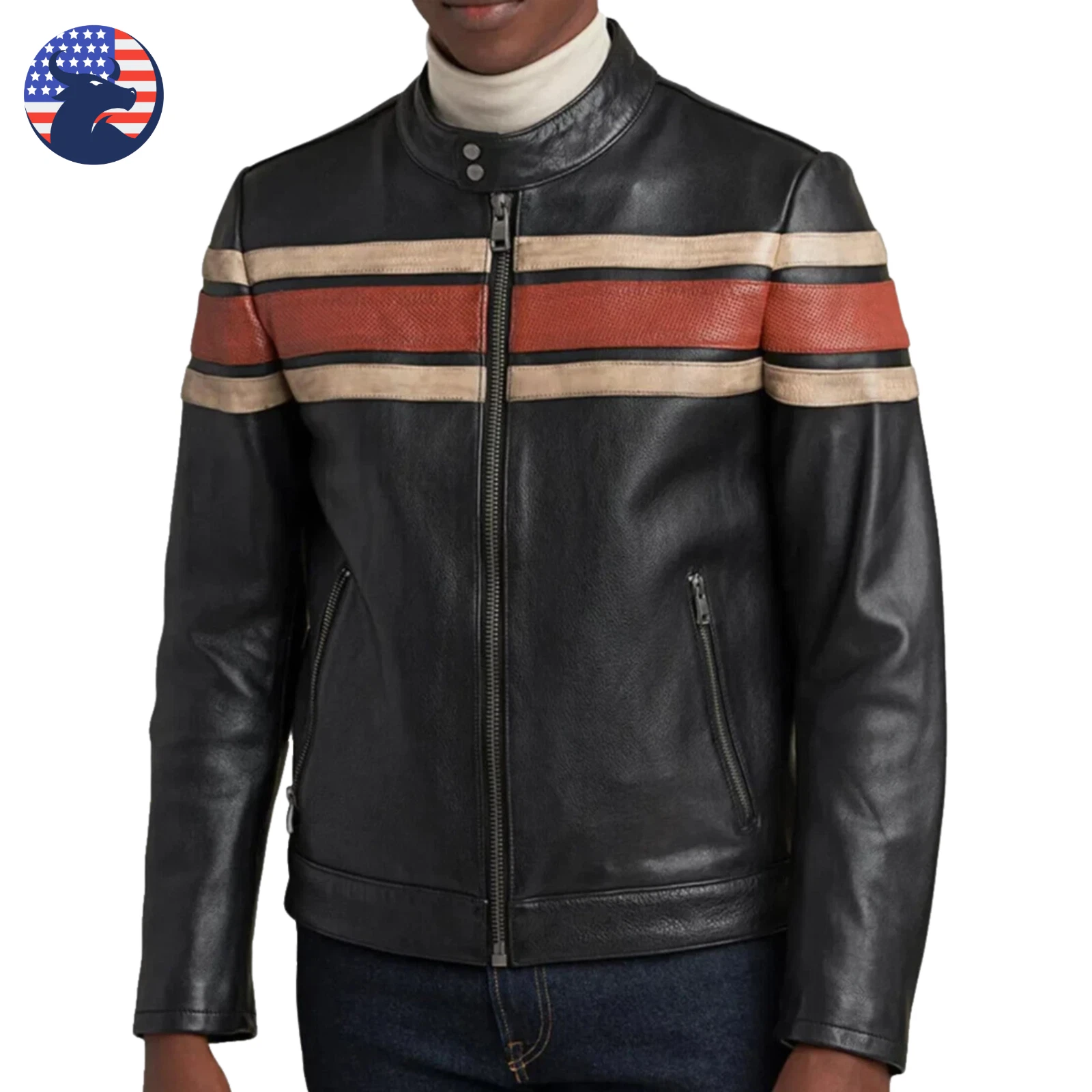 Men's Vintage Black & Brown Cowhide Leather Jacket Cafe Racer Biker Motorcycle