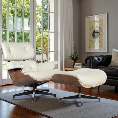 Mid-century EAMES-STYLE Lounge chair Club Seat With ottoman Leather Walnut beige