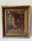 Antique Oil Painting Interior Scene Marie Berthe de La Baume Early 20th C.