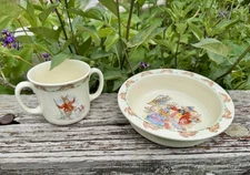 Royal Doulton "Bunnykins" Nursery Dish Set Two-Handled Cup & Rimmed Cereal Bowl