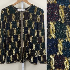 Vintage 80s Laurence Kazar Beaded Silk Evening Jacket Womens M Medium Glam Funky