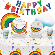 KatchOn Rainbow Themed Birthday Party Plates Table Cover Banner 25-Serve Set