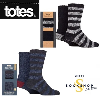 Totes Socks Men's Bed Sock Toasties Super Soft Twin Pack Striped Plain - 2 Pairs