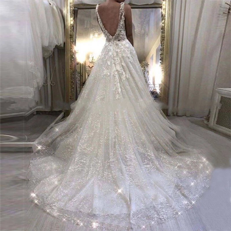 Boho White Wedding Dresses Spaghetti Straps V-Neck Lace Appliques Bridal Gowns - Image 3 of 4