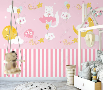 3D Pink Cloud White Cat Kids Self-adhesive Removeable Wallpaper Wall Mural