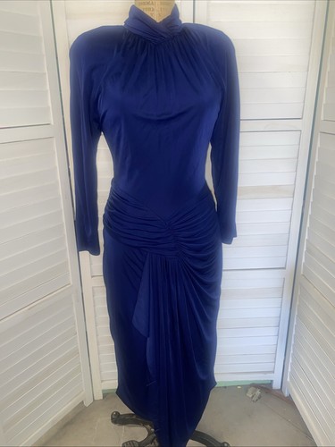VINTAGE CASADEI 1980s Blue Draped Open Back Long Sleeve Dress Sz Large