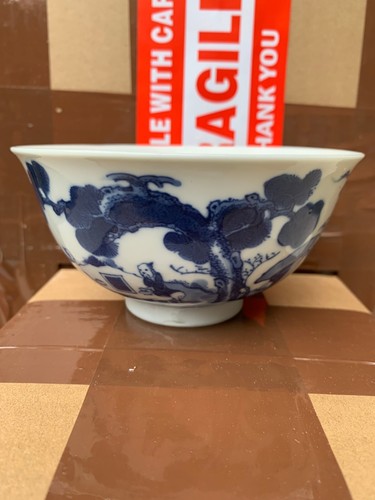 Antique Chinese Blue And White Porcelain Landscape Bowl Two Characters Mark