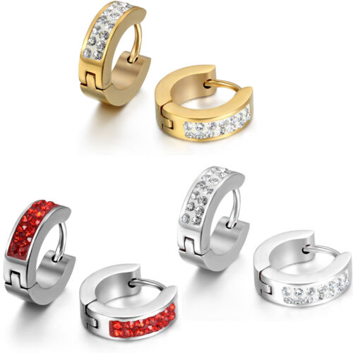 Pendientes Huggie de aro con estrás brillantes de acero inoxidable 2 piezas para hombre y mujer - Imagen 1 de 14