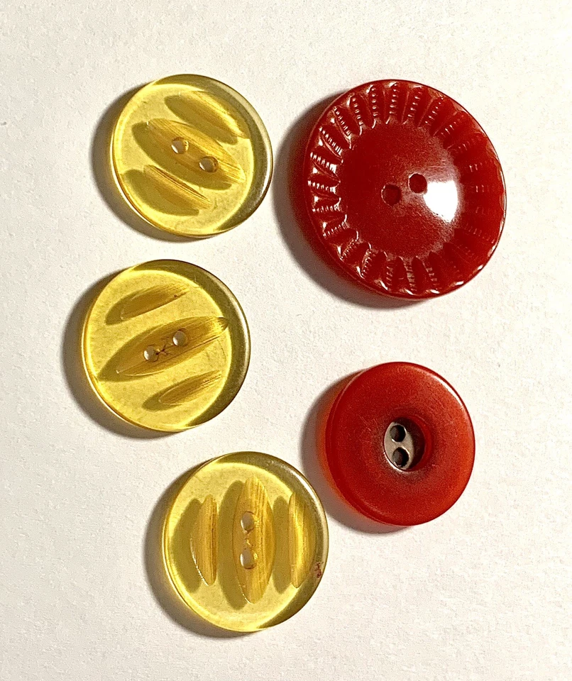 "Lote de 5 botones redondos de baquelita vintage - 3 transparentes/amarillos 2 rojos 3/4-1"" probados" Foto 3 de 4
