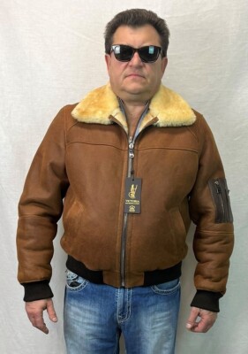 〖最安値〗FLIGHT SHEARLING Jacket COGNAC 100% REAL SHEEPSKIN SHEARLING LEATHER Bomber G-1 Flight