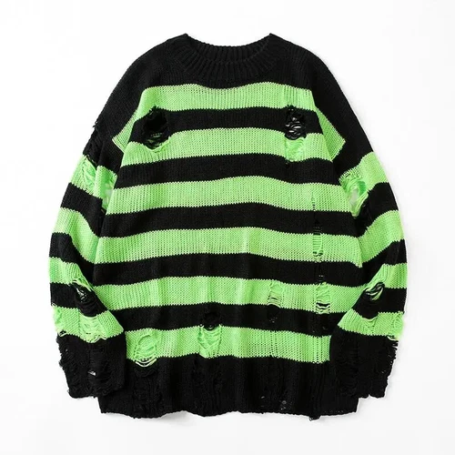 Maglioni a righe neri distrutti strappati maglione uomo pullover maglia foro maglioni - Foto 4 di 21