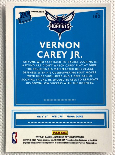 2020-21 Donruss Optic Vernon Carey Jr. Rated Rookie Silver Wave Prizm Card RC - Picture 2 of 2