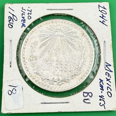 1944 Mexico 1 Un Peso .720 Silver KM 455 World Silver Coin Eagle Snake Rev.  BU