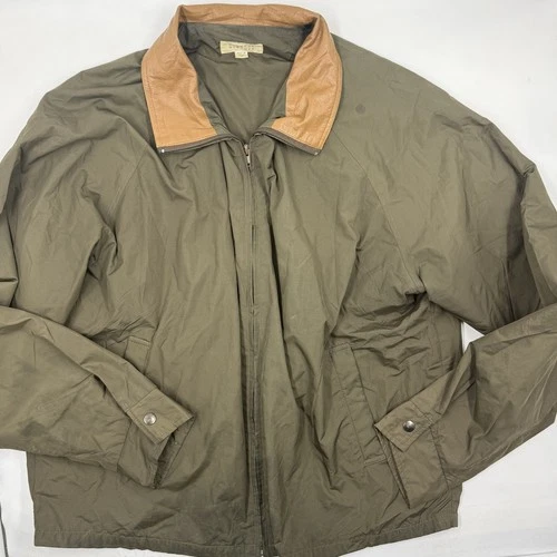 Barneys New York Jacket Mens XL Green Twill Leather Collar Zip Front Casual - product listing photo