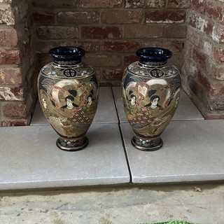 Antique Japanese Porcelain Vases Pair Satsuma Style Geisha Motif 1900 1940