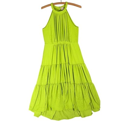 Elie Tahari Lime Green Halter Neck Tiered Maxi Dress Size 6 Neon Pleated Fairy