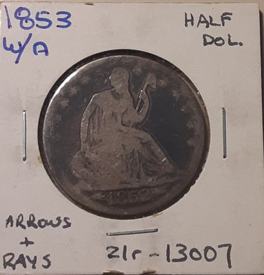 1853 Seated Liberty Half Dollar w/Arrows + Rays Philadelphia Mint #21r-13007/RBD