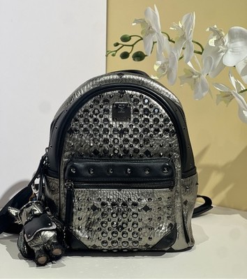 MCM Stark Visetos Metallic Silver Mini Backpack Crystals Studded Monogram Backpa