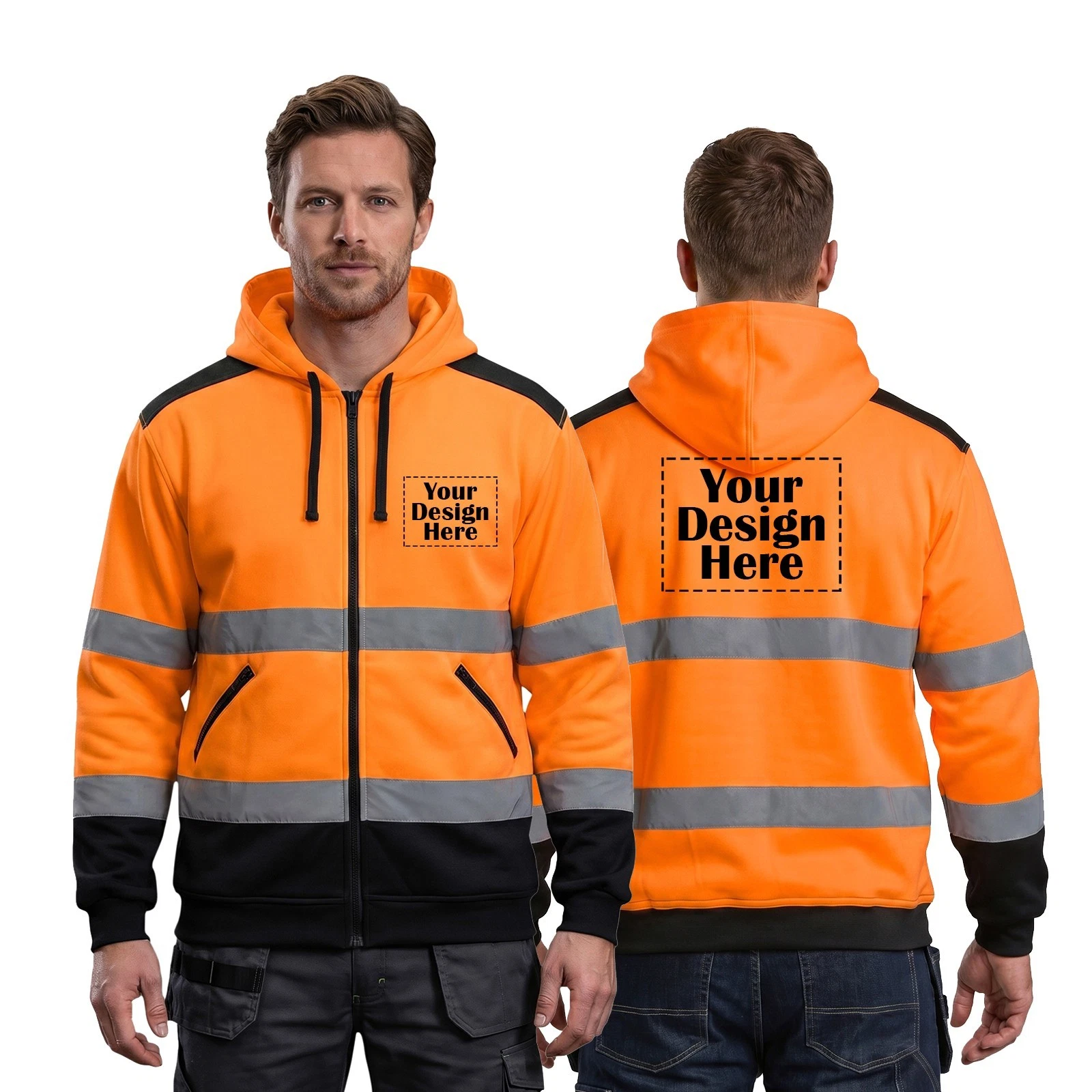 Custom ANSI Class 3 Reflective Sweatshirt PRINTED Hi Vis Zip Up Safety Hoodie - product detail image 1