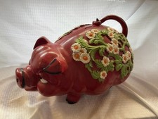 VINTAGE 1976 UNIVERSAL STATUARY CORP LARGE RED PLASTIC FLORAL PIG PIGGY BANK 19