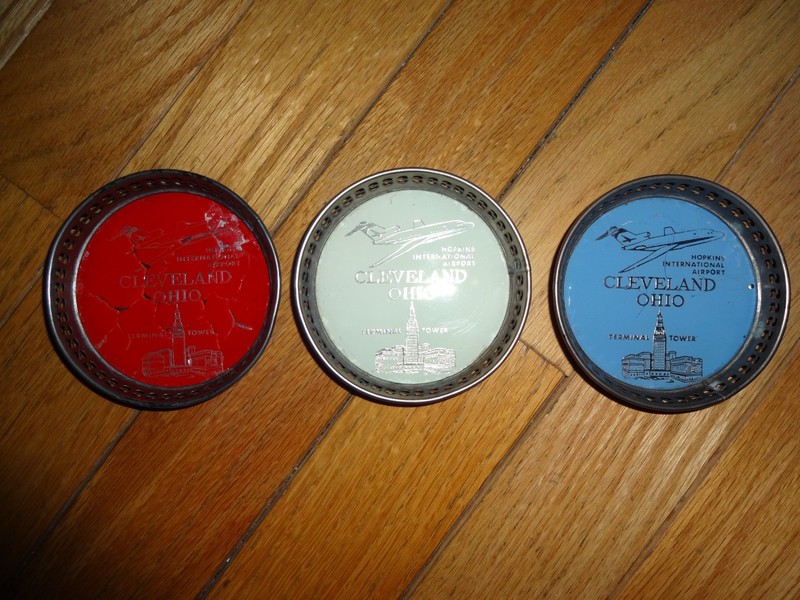 Vintage Cleveland Ohio Glass & Aluminum Cutout Trim Round Coaster Set Of 3