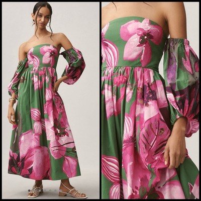 Anthropologie Let Me Be Bare Shoulder Tropical Floral Midi Dress LARGE Petite
