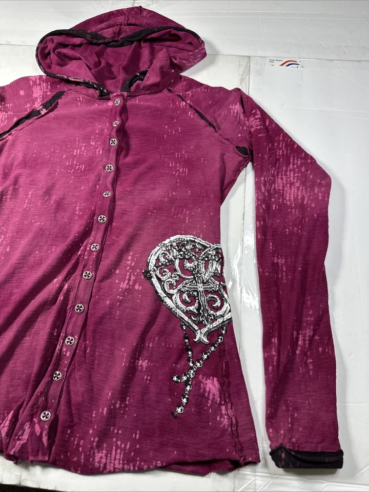 Sudadera con capucha Affliction Live Fast para mujer alas abotonadas púrpura talla L #2483 Foto 3 de 4