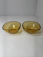 Vintage Vereco France Amber Yellow Glass Bowls 4.25" Set Of 2