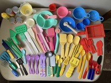 Lot of Assorted Kitchen Play Toy Utensils Bowls Tuna Can Fry Basket etc