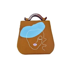 Artistic Chic Unique Abstract Face Top Handle Bag Brown Canvas Wood Handles
