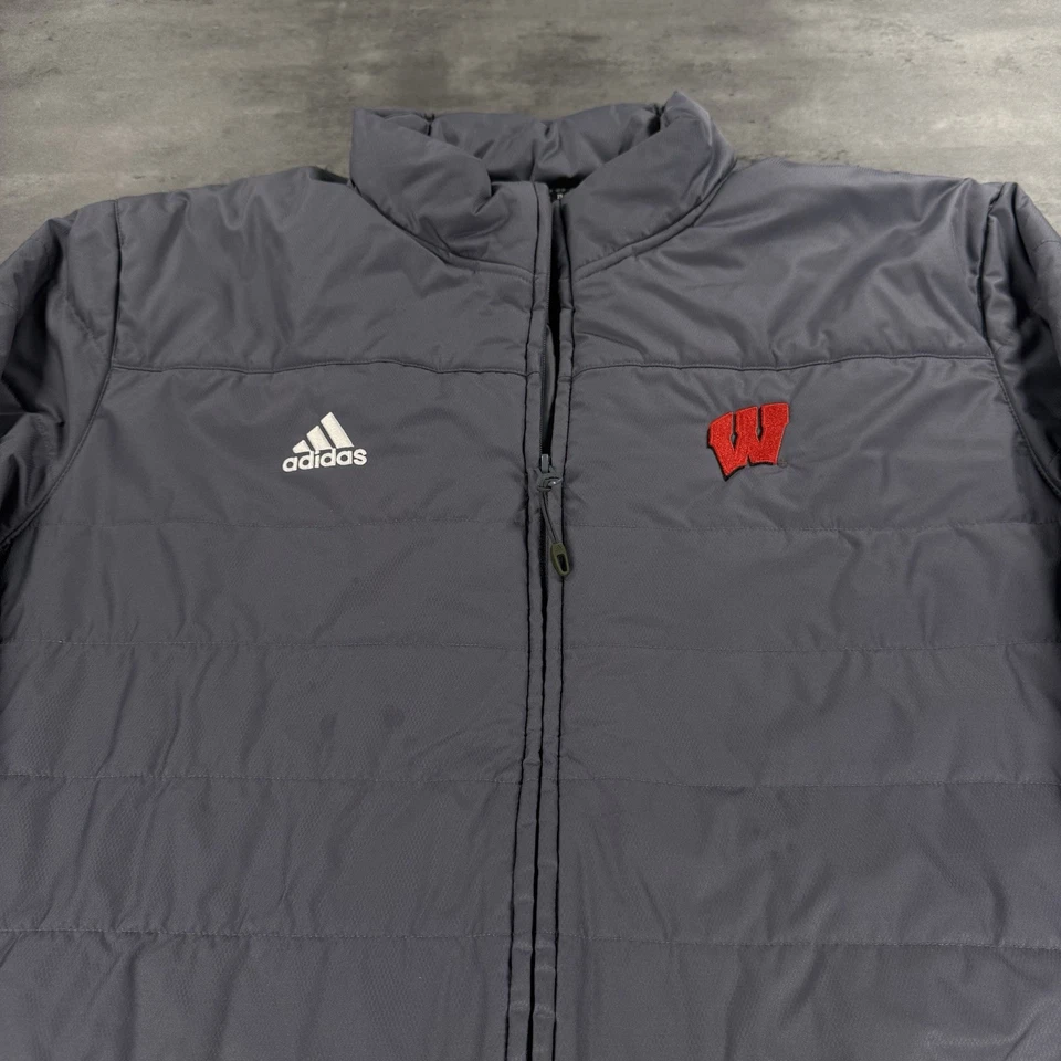 Adidas Wisconsin Badgers Puffer Jacket Mens XL Climastorm Gray Team Player Issue - Image 2 of 4
