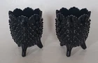 2 Vintage Fenton Black Amethyst Glass Hobnail Egg Shaped 3 Footed Vase Base Dish