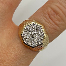 9 ct Gold Signet Ring Diamonique Pave Cluster Textured 375 Yellow Gold- Size P