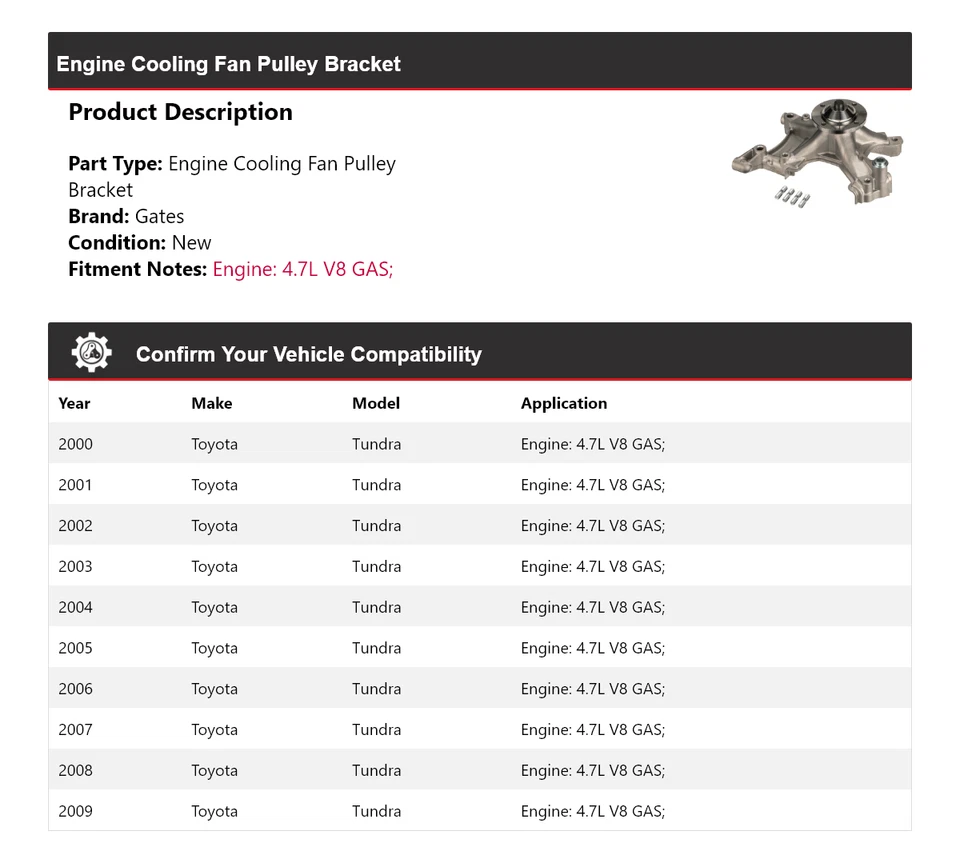 Para Toyota Tundra 2000-2009 4,7 L V8 Motor Ventilador de refrigeración Polea Soporte Puertas Foto 2 de 4