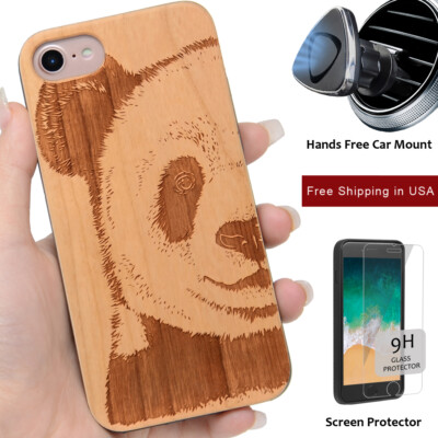 Panda Wood Phone Case optional Screen Protector or Magnetic Car Mount for iPhone