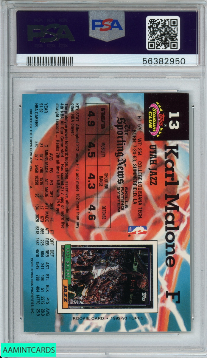 1992 STADIUM CLUB KARL MALONE #13 MEMBERS ONLY UTAH JAZZ HOF PSA 9