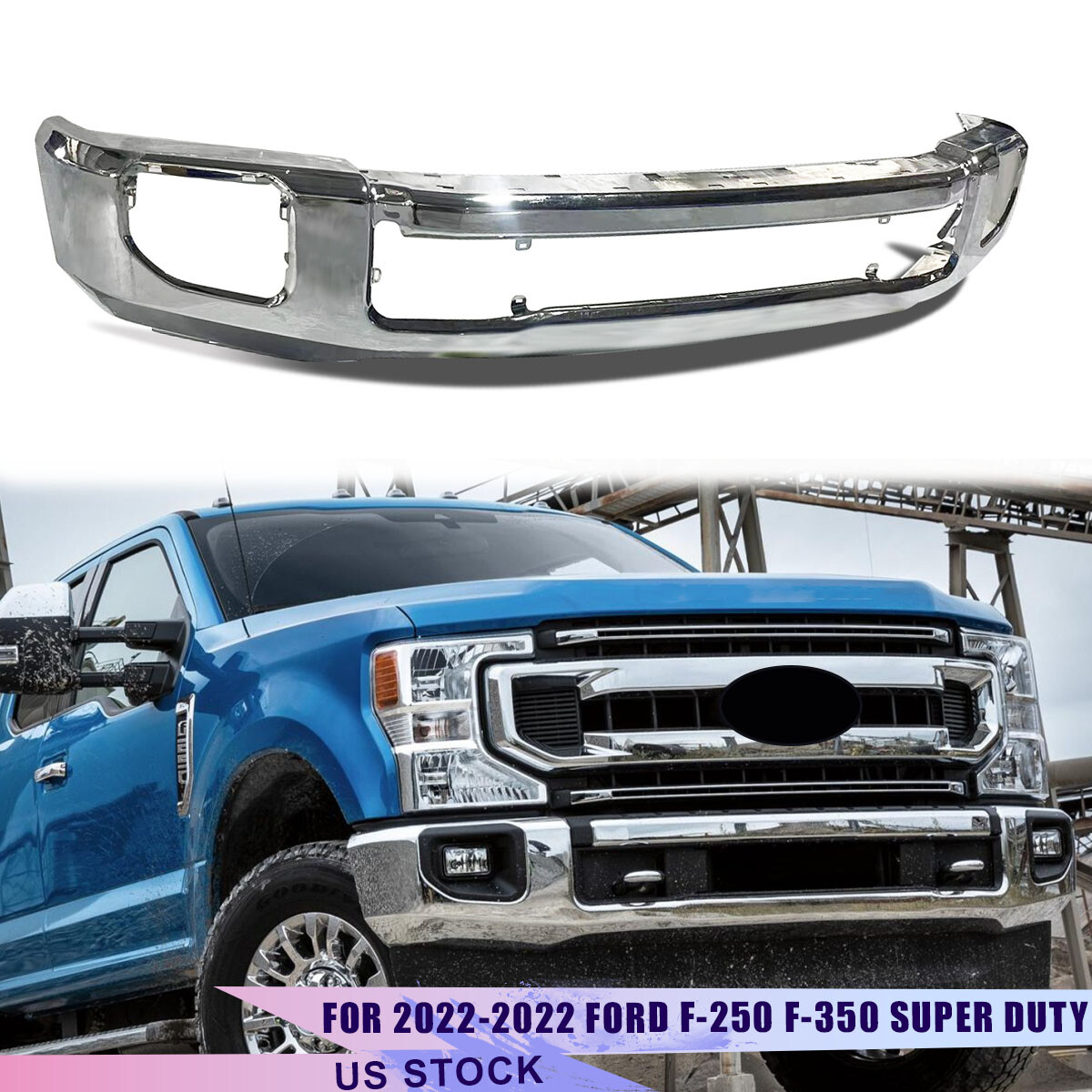 1-Piece Steel For 2020-2022 Ford F250 F350 Chrome Front Bumper Face Bar w/ Fog