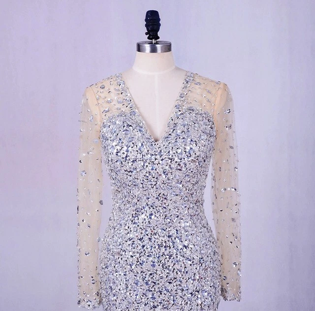 UK Champagne Mermaid Crystal Long Sleeve  Evening Prom Dresses Crystal Size 6 - Image 4 of 4