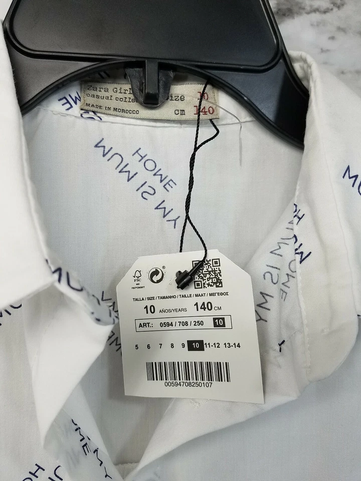 ZARA KIDS GIRLS White BUTTON UP DRESS SHIRT Sz 10 Mum is my home New #P - Image 2 of 4