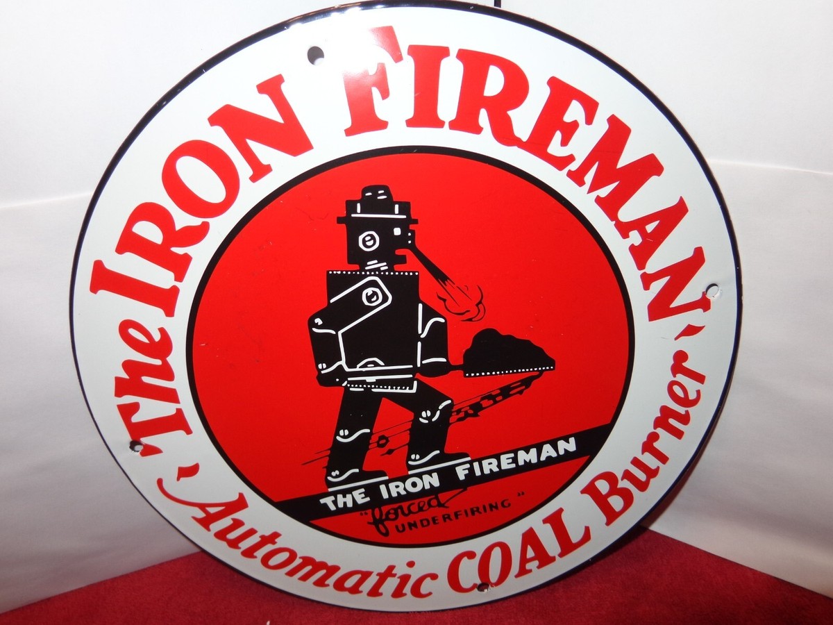 VINTAGE 11 3/4 in IRON FIREMAN COAL BURNER SIGN ROBOT HEAVY METAL