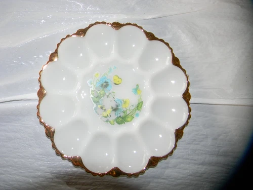 Vintage Deviled Egg Plate White Milk Glass Serving Dish w/ Gold Trim.  ~ 10”