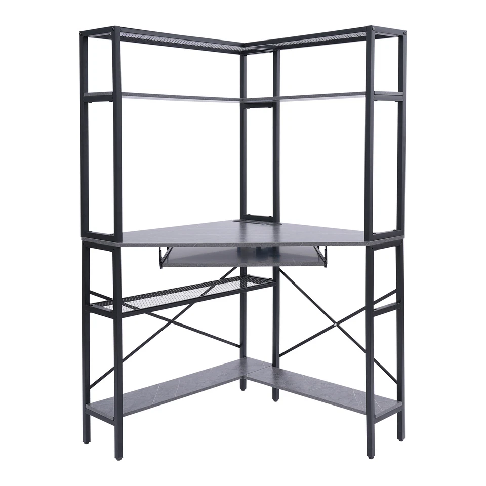 Escritorio de computadora triangular con luces LED y toma de corriente, escritorio de esquina de oficina en casa Foto 3 de 4