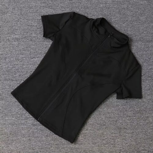 Damen Slim Fit Yoga Shirt Schnelltrocknend Reißverschluss Oberteil Kurzarm Gym Tee (64)