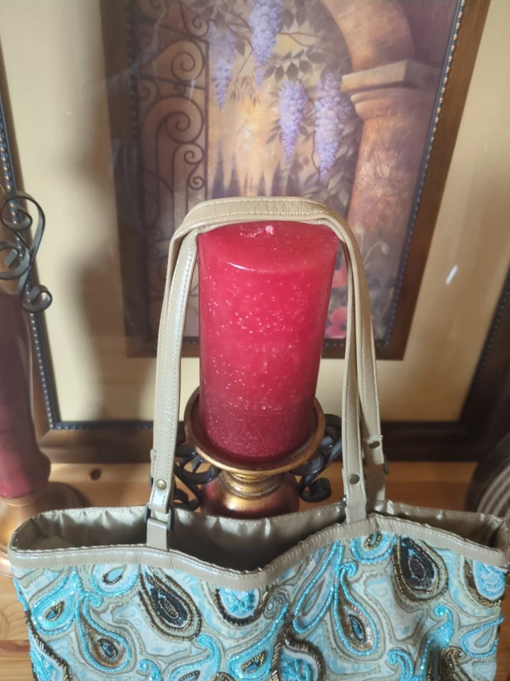 Bolso de Mano Christiana Azul Y Marrón Estampado Paisley Con Cuentas Foto 2 de 4